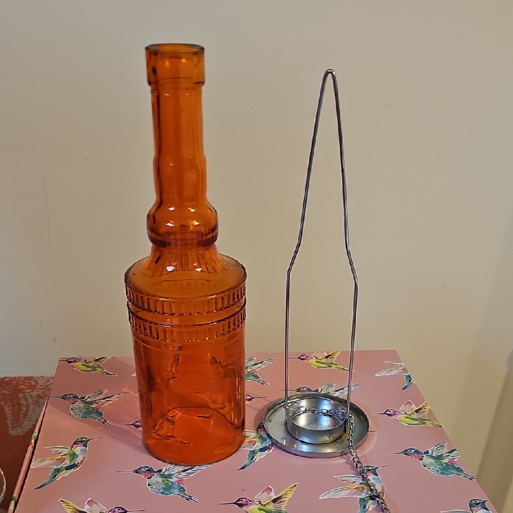 Amber Glass Bottle Hanging Candle Holder